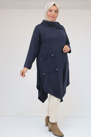 58100 Büyük Beden Yakkasında Fermuar Detaylı Mir Tunik - Lacivert