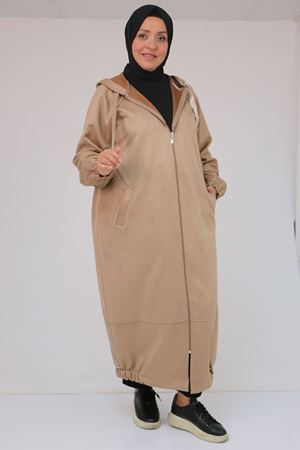 43078 Büyük Beden Kolları Lastikli Pat Detaylı Nubuk Kap - Vizon