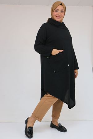 58100 Büyük Beden Yakkasında Fermuar Detaylı Mir Tunik - Siyah