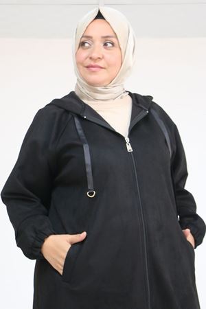 43078 Büyük Beden Kolları Lastikli Pat Detaylı Nubuk Kap - Siyah