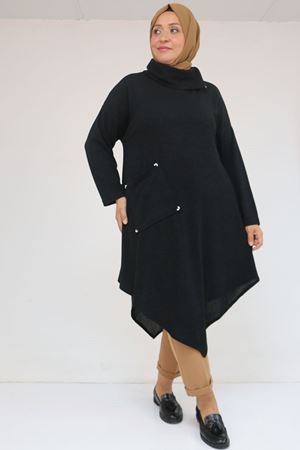 58100 Büyük Beden Yakkasında Fermuar Detaylı Mir Tunik - Siyah