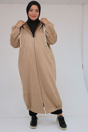 43078 Büyük Beden Kolları Lastikli Pat Detaylı Nubuk Kap - Vizon