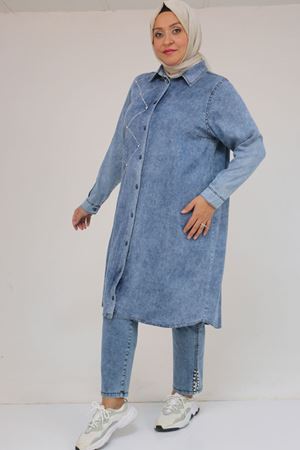 58123 Büyük Beden Önü Taş Detaylı Kot Düğmeli Tunik - Lacivert