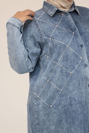 58123 Büyük Beden Önü Taş Detaylı Kot Düğmeli Tunik - Lacivert