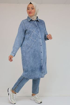 58123 Büyük Beden Önü Taş Detaylı Kot Düğmeli Tunik - Lacivert