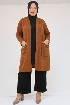 53040 Büyük Beden Cepleri Taş Detaylı Mir Ceket - Taba