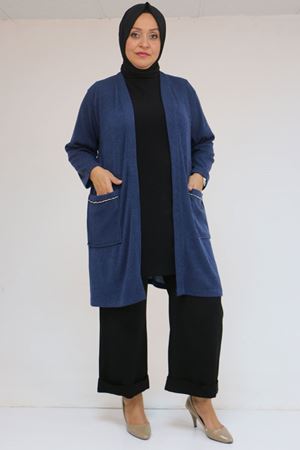 53040 Büyük Beden Cepleri Taş Detaylı Mir Ceket - İndigo