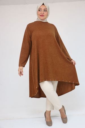 58124 Büyük Beden Eteği Ve Kolu Beyoğlu Detaylı Mir Tunik - Taba