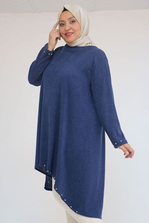 58124 Büyük Beden Eteği Ve Kolu Beyoğlu Detaylı Mir Tunik - İndigo