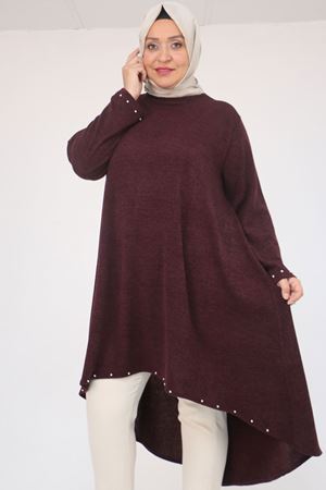 58124 Büyük Beden Eteği Ve Kolu Beyoğlu Detaylı Mir Tunik - Mürdüm