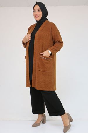 53040 Büyük Beden Cepleri Taş Detaylı Mir Ceket - Taba