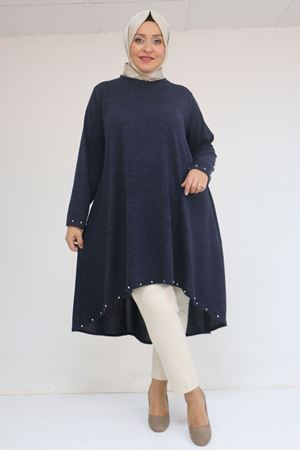 58124 Büyük Beden Eteği Ve Kolu Beyoğlu Detaylı Mir Tunik - Lacivert