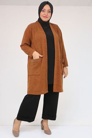 53040 Büyük Beden Cepleri Taş Detaylı Mir Ceket - Taba