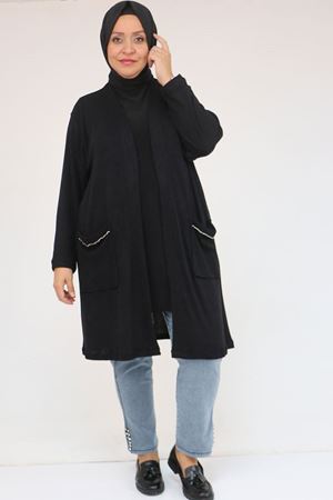 53040 Büyük Beden Cepleri Taş Detaylı Mir Ceket - Siyah
