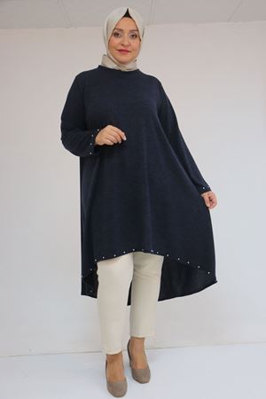58124 Büyük Beden Eteği Ve Kolu Beyoğlu Detaylı Mir Tunik - Lacivert