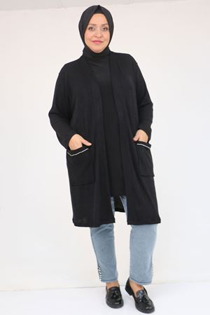 53040 Büyük Beden Cepleri Taş Detaylı Mir Ceket - Siyah