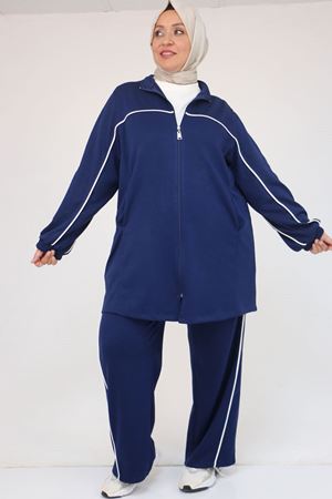 47082 Büyük Beden Kıstırma Biyeli Pantolonlu Modal Takım - İndigo