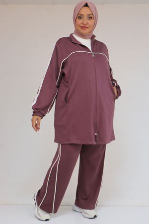 47082 Büyük Beden Kıstırma Biyeli Pantolonlu Modal Takım - Gül Kurusu
