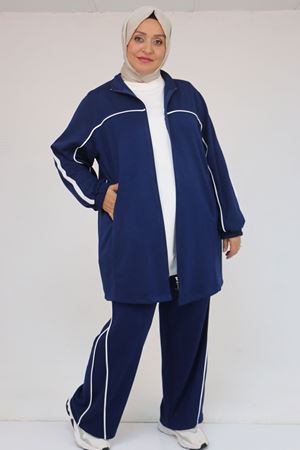 47082 Büyük Beden Kıstırma Biyeli Pantolonlu Modal Takım - İndigo