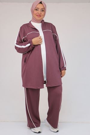 47082 Büyük Beden Kıstırma Biyeli Pantolonlu Modal Takım - Gül Kurusu