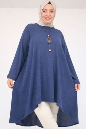 58125 Büyük Beden Eteği Oval Kesim Kolyeli Mir Tunik - İndigo