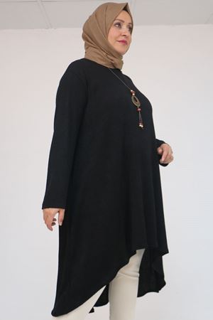 58125 Büyük Beden Eteği Oval Kesim Kolyeli Mir Tunik - Siyah