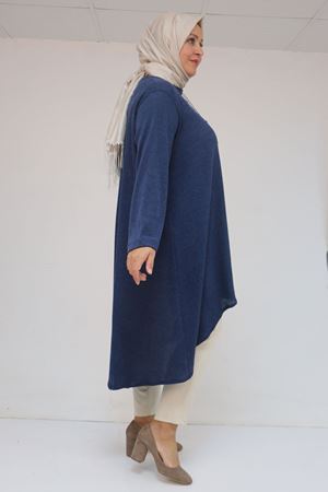 58125 Büyük Beden Eteği Oval Kesim Kolyeli Mir Tunik - İndigo
