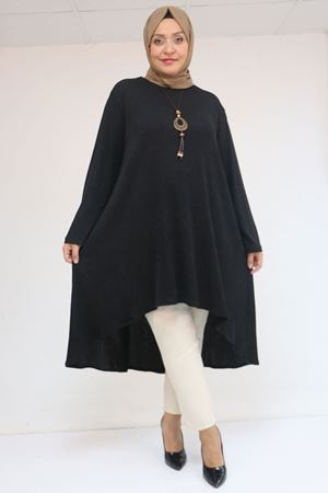 58125 Büyük Beden Eteği Oval Kesim Kolyeli Mir Tunik - Siyah