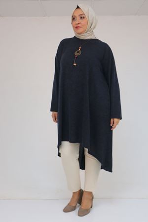 58125 Büyük Beden Eteği Oval Kesim Kolyeli Mir Tunik - Lacivert