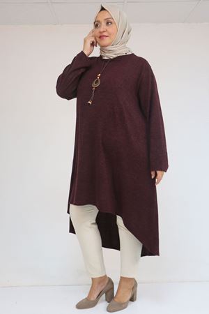 58125 Büyük Beden Eteği Oval Kesim Kolyeli Mir Tunik - Mürdüm