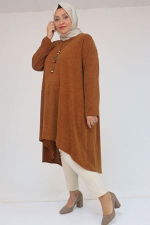 58125 Büyük Beden Eteği Oval Kesim Kolyeli Mir Tunik - Taba