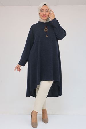 58125 Büyük Beden Eteği Oval Kesim Kolyeli Mir Tunik - Lacivert