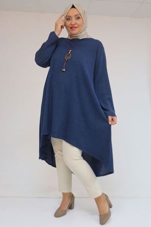 58125 Büyük Beden Eteği Oval Kesim Kolyeli Mir Tunik - İndigo