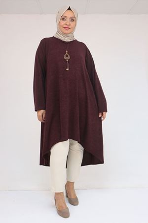 58125 Büyük Beden Eteği Oval Kesim Kolyeli Mir Tunik - Mürdüm