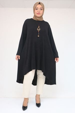58125 Büyük Beden Eteği Oval Kesim Kolyeli Mir Tunik - Siyah