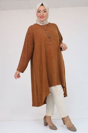 58125 Büyük Beden Eteği Oval Kesim Kolyeli Mir Tunik - Taba