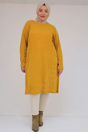58110 Büyük Beden Yan Dikişinde Kuş Gözü Detaylı Mir Tunik - Hardal