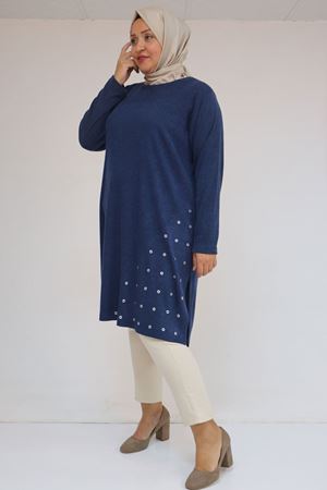 58110 Büyük Beden Yan Dikişinde Kuş Gözü Detaylı Mir Tunik - İndigo
