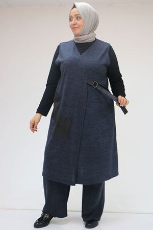 47212 Büyük Beden Yandan Bağlamamlı Yelek-Pantolon Takım - Lacivert