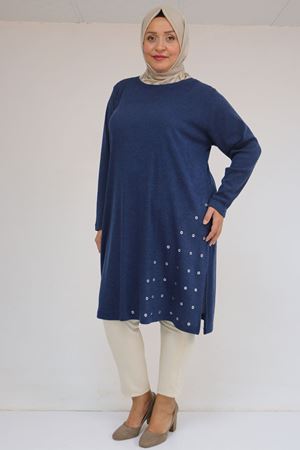 58110 Büyük Beden Yan Dikişinde Kuş Gözü Detaylı Mir Tunik - İndigo