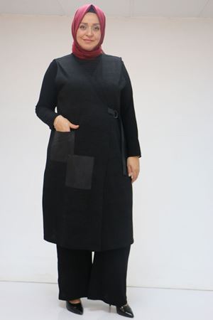 47212 Büyük Beden Yandan Bağlamamlı Yelek-Pantolon Takım - Siyah