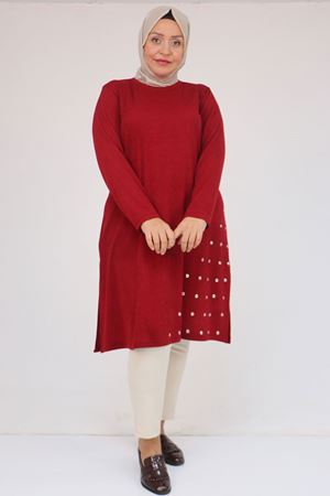 58110 Büyük Beden Yan Dikişinde Kuş Gözü Detaylı Mir Tunik - Bordo