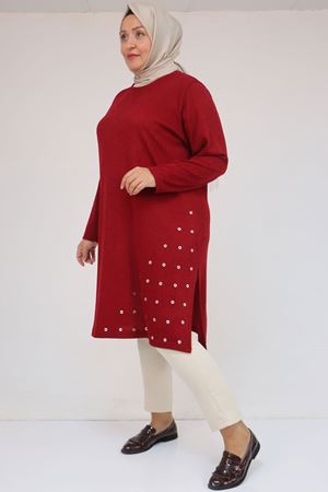 58110 Büyük Beden Yan Dikişinde Kuş Gözü Detaylı Mir Tunik - Bordo