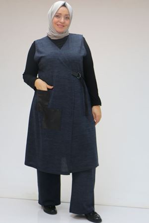 47212 Büyük Beden Yandan Bağlamamlı Yelek-Pantolon Takım - Lacivert