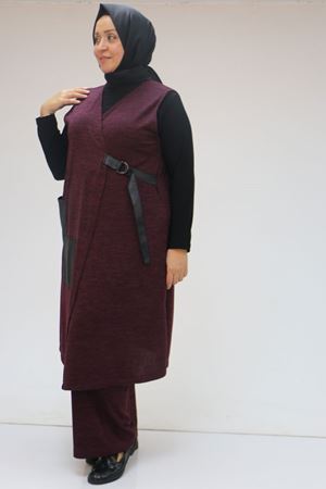 47212 Büyük Beden Yandan Bağlamamlı Yelek-Pantolon Takım - Mürdüm