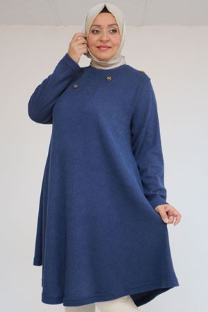 58118 Büyük Beden Çiçek Detaylı Mir Mevlana Tunik - İndigo