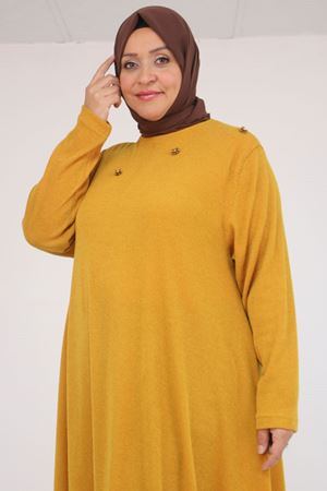 58118 Büyük Beden Çiçek Detaylı Mir Mevlana Tunik - Hardal