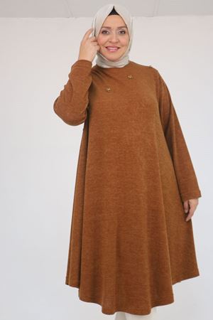 58118 Büyük Beden Çiçek Detaylı Mir Mevlana Tunik - Taba