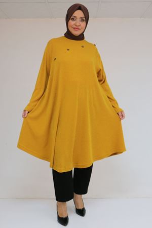 58118 Büyük Beden Çiçek Detaylı Mir Mevlana Tunik - Hardal