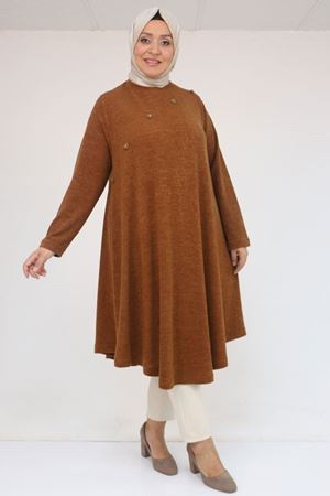 58118 Büyük Beden Çiçek Detaylı Mir Mevlana Tunik - Taba